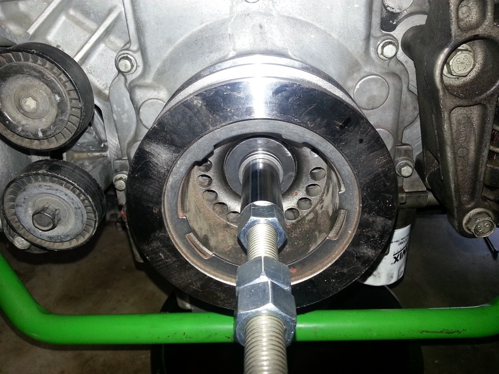 LS1 crank pulley being installed with custom tool